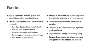Funciones
• Ayuda a prevenir errores que se han
cometido en otras investigaciones
• Orienta sobre como habrá de realizarse
el estudio
• Que clase de estudios se han efectuado
• Con que tipos de participantes
• Como se han recolectado los datos
• En que lugares o contextos se han llevado
• Que diseños se han utilizado
• Amplia el horizonte del estudio o guía al
investigador a centrarse en su problema
• Documenta la necesidad de realizar el
estudio
• Conduce al establecimiento de hipótesis
o afirmaciones
• Inspira nuevas líneas de investigación}
• Provee de un marco de referencia para
interpretar los resultados del estudio
 