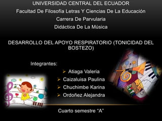 UNIVERSIDAD CENTRAL DEL ECUADOR
Facultad De Filosofía Letras Y Ciencias De La Educación
Carrera De Parvularia
Didáctica De La Música

DESARROLLO DEL APOYO RESPIRATORIO (TONICIDAD DEL
BOSTEZO)
Integrantes:
 Atiaga Valeria
 Caizaluisa Paulina
 Chuchimbe Karina
 Ordoñez Alejandra
Cuarto semestre “A”

 