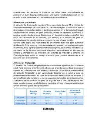 formulaciones del alimento de Iniciación se deben basar principalmente en
promover un buen desempeño biológico y una buena rentabilidad general, en vez
de enfocarse solamente en el costo individual de dicho alimento.
Alimento de crecimiento
El alimento de Crecimiento normalmente se suministra durante 14 a 16 días. La
transición del alimento de Iniciación al de Crecimiento implica un cambio de textura
de migajas o minipélets a pélets, y también un cambio en la densidad nutricional.
Dependiendo del tamaño del pélet producido, puede ser necesario suministrar la
primera porción de alimento de Crecimiento en forma de migaja o minipélet para
evitar una reducción en el consumo, por ejemplo, si el tamaño del pélet es
demasiado grande para los pollos al momento de esta primera porción.
Durante esta etapa, las velocidades de crecimiento diario del pollo aumentan
rápidamente. Esta etapa de crecimiento debe promoverse con una buena ingesta
de alimento. Para lograr el desempeño biológico óptimo, es de crítica importancia el
suministro de la densidad nutricional adecuada, especialmente en términos de
energía y aminoácidos. La transición de alimento de Iniciación a alimento de
Crecimiento debe recibir un manejo adecuado para prevenir reducciones en el
consumo o en el crecimiento.
Alimento de finalización
El alimento de Finalización generalmente se suministra a partir de los 25 días de
edad. Para optimizar el rendimiento, el pollo de engorde que se lleva a una edad
superior a 42 días requiere más alimento Finalizador. La decisión sobre la cantidad
de alimento Finalizador a ser suministrada depende de la edad y peso de
procesamientos deseados, así como de la capacidad de fabricación de alimento. El
alimento Finalizador constituye la mayor proporción del total de alimento consumido
y del costo de alimentación del pollo de engorde. Por lo tanto, la dieta para esta
etapa se debe diseñar con el objetivo de maximizar el retorno financiero respecto al
tipo de producto que se está produciendo.
NUTRICIÓN
 