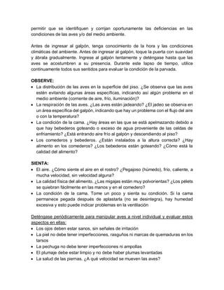 permitir que se identifiquen y corrijan oportunamente las deficiencias en las
condiciones de las aves y/o del medio ambiente.
Antes de ingresar al galpón, tenga conocimiento de la hora y las condiciones
climáticas del ambiente. Antes de ingresar al galpón, toque la puerta con suavidad
y ábrala gradualmente. Ingrese al galpón lentamente y deténgase hasta que las
aves se acostumbren a su presencia. Durante este lapso de tiempo, utilice
continuamente todos sus sentidos para evaluar la condición de la parvada.
OBSERVE:
 La distribución de las aves en la superficie del piso. ¿Se observa que las aves
estén evitando algunas áreas específicas, indicando así algún problema en el
medio ambiente (corriente de aire, frío, iluminación)?
 La respiración de las aves. ¿Las aves están jadeando? ¿El jadeo se observa en
un área específica del galpón, indicando que hay un problema con el flujo del aire
o con la temperatura?
 La condición de la cama. ¿Hay áreas en las que se está apelmazando debido a
que hay bebederos goteando o exceso de agua proveniente de las celdas de
enfriamiento? ¿Está entrando aire frío al galpón y descendiendo al piso?
 Los comederos y bebederos. ¿Están instalados a la altura correcta? ¿Hay
alimento en los comederos? ¿Los bebederos están goteando? ¿Cómo está la
calidad del alimento?
SIENTA:
 El aire. ¿Cómo siente el aire en el rostro? ¿Pegajoso (húmedo), frío, caliente, a
mucha velocidad, sin velocidad alguna?
 La calidad física del alimento. ¿Las migajas están muy polvorientas? ¿Los pélets
se quiebran fácilmente en las manos y en el comedero?
 La condición de la cama. Tome un poco y sienta su condición. Si la cama
permanece pegada después de aplastarla (no se desintegra), hay humedad
excesiva y esto puede indicar problemas en la ventilación
Deténgase periódicamente para manipular aves a nivel individual y evaluar estos
aspectos en ellas:
 Los ojos deben estar sanos, sin señales de irritación
 La piel no debe tener imperfecciones, rasguños ni marcas de quemaduras en los
tarsos
 La pechuga no debe tener imperfecciones ni ampollas
 El plumaje debe estar limpio y no debe haber plumas levantadas
 La salud de las piernas. ¿A qué velocidad se mueven las aves?
 