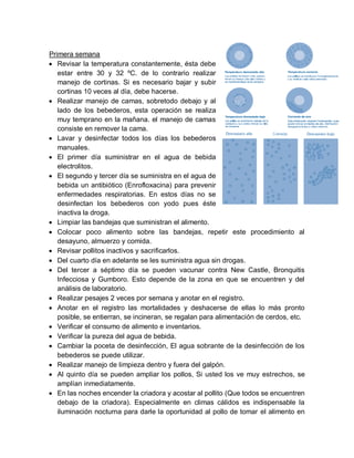 Primera semana
 Revisar la temperatura constantemente, ésta debe
estar entre 30 y 32 ºC. de lo contrario realizar
manejo de cortinas. Si es necesario bajar y subir
cortinas 10 veces al día, debe hacerse.
 Realizar manejo de camas, sobretodo debajo y al
lado de los bebederos, esta operación se realiza
muy temprano en la mañana. el manejo de camas
consiste en remover la cama.
 Lavar y desinfectar todos los días los bebederos
manuales.
 El primer día suministrar en el agua de bebida
electrolitos.
 El segundo y tercer día se suministra en el agua de
bebida un antibiótico (Enrofloxacina) para prevenir
enfermedades respiratorias. En estos días no se
desinfectan los bebederos con yodo pues éste
inactiva la droga.
 Limpiar las bandejas que suministran el alimento.
 Colocar poco alimento sobre las bandejas, repetir este procedimiento al
desayuno, almuerzo y comida.
 Revisar pollitos inactivos y sacrificarlos.
 Del cuarto día en adelante se les suministra agua sin drogas.
 Del tercer a séptimo día se pueden vacunar contra New Castle, Bronquitis
Infecciosa y Gumboro. Esto depende de la zona en que se encuentren y del
análisis de laboratorio.
 Realizar pesajes 2 veces por semana y anotar en el registro.
 Anotar en el registro las mortalidades y deshacerse de ellas lo más pronto
posible, se entierran, se incineran, se regalan para alimentación de cerdos, etc.
 Verificar el consumo de alimento e inventarios.
 Verificar la pureza del agua de bebida.
 Cambiar la poceta de desinfección, El agua sobrante de la desinfección de los
bebederos se puede utilizar.
 Realizar manejo de limpieza dentro y fuera del galpón.
 Al quinto día se pueden ampliar los pollos, Si usted los ve muy estrechos, se
amplían inmediatamente.
 En las noches encender la criadora y acostar al pollito (Que todos se encuentren
debajo de la criadora). Especialmente en climas cálidos es indispensable la
iluminación nocturna para darle la oportunidad al pollo de tomar el alimento en
 