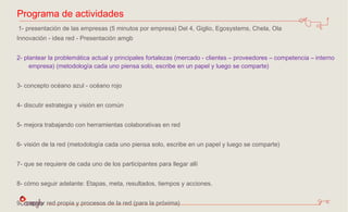 Programa de actividades   1- presentación de las empresas (5 minutos por empresa) Del 4, Giglio, Egosystems, Chela, Ola Innovación - idea red - Presentación amgb   2- plantear la problemática actual y principales fortalezas (mercado - clientes – proveedores – competencia – interno empresa) (metodología cada uno piensa solo, escribe en un papel y luego se comparte)   3- concepto océano azul - océano rojo 4- discutir estrategia y visión en común   5- mejora trabajando con herramientas colaborativas en red   6- visión de la red (metodología cada uno piensa solo, escribe en un papel y luego se comparte)   7- que se requiere de cada uno de los participantes para llegar allí   8- cómo seguir adelante:  Etapas, meta, resultados, tiempos y acciones. 9- mapear red propia y procesos de la red (para la próxima)   
