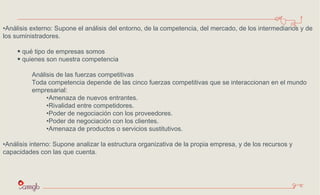 Análisis externo: Supone el análisis del entorno, de la competencia, del mercado, de los intermediarios y de los suministradores. qué tipo de empresas somos quienes son nuestra competencia Análisis de las fuerzas competitivas Toda competencia depende de las cinco fuerzas competitivas que se interaccionan en el mundo empresarial: Amenaza de nuevos entrantes. Rivalidad entre competidores. Poder de negociación con los proveedores. Poder de negociación con los clientes. Amenaza de productos o servicios sustitutivos. Análisis interno: Supone analizar la estructura organizativa de la propia empresa, y de los recursos y capacidades con las que cuenta. 