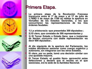 Primera Etapa.Primera Etapa.
 La primera etapa de la Revolución FrancesaLa primera etapa de la Revolución Francesa
transcurre entre el 1º de mayo y el 17 de julio detranscurre entre el 1º de mayo y el 17 de julio de
1.789El 5 de mayo de 1789 se realiza la apertura en1.789El 5 de mayo de 1789 se realiza la apertura en
Versalles de los Estados Generales, a los queVersalles de los Estados Generales, a los que
concurrieron las representaciones de los tresconcurrieron las representaciones de los tres
órdenes feudales:órdenes feudales:
 1) La aristocracia -que presentaba 300 diputados-;1) La aristocracia -que presentaba 300 diputados-;
 2) El clero, que constaba de 300 representantes y2) El clero, que constaba de 300 representantes y
 3) El Tercer Estado o Estado llano, que a instancias3) El Tercer Estado o Estado llano, que a instancias
de Necker concurría con doble representación -esde Necker concurría con doble representación -es
decir 600 diputados-.decir 600 diputados-.
 Al día siguiente de la apertura del Parlamento, losAl día siguiente de la apertura del Parlamento, los
nobles decidieron sesionar como cuerpo orgánico ynobles decidieron sesionar como cuerpo orgánico y
autónomo, sin integrarse con los otros Estados.autónomo, sin integrarse con los otros Estados.
 El clero, por su parte, tomó una decisión similar conEl clero, por su parte, tomó una decisión similar con
una ajustada mayoría.una ajustada mayoría.
 El Tercer Estado -el pueblo llano- aprovechó estasEl Tercer Estado -el pueblo llano- aprovechó estas
defecciones y declaró que el recinto en el quedefecciones y declaró que el recinto en el que
sesionase, era la sede de la Aamblea Nacional.sesionase, era la sede de la Aamblea Nacional.
 