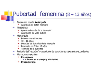 Pubertad  femenina  (8 – 13 años) Comienza con la  telarquia  Aparición del botón mamario  Pubarquia Aparece después de la telarquia Aparicición de vello púbico Menarquia Primera menstruación 10 – 16 años Después de 2,4 años de la telarquia Promedio en Chile: 12 años Término de la pubertad Período del “estirón” y aparición de caracteres sexuales secundarios Hormonas sexuales Estrógenos  Cambios en el cuerpo y afectividad Progesterona   