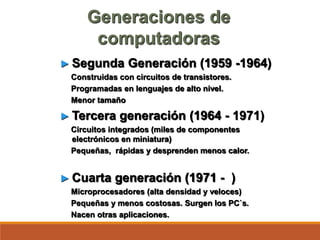 Generaciones de
computadoras
► Segunda Generación (1959 -1964)
Construidas con circuitos de transistores.
Programadas en lenguajes de alto nivel.
Menor tamaño
► Tercera generación (1964 - 1971)
Circuitos integrados (miles de componentes
electrónicos en miniatura)
Pequeñas, rápidas y desprenden menos calor.
► Cuarta generación (1971 - )
Microprocesadores (alta densidad y veloces)
Pequeñas y menos costosas. Surgen los PC`s.
Nacen otras aplicaciones.
 