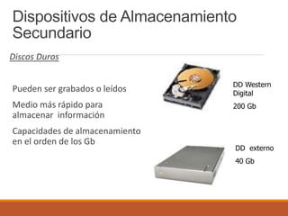 Dispositivos de Almacenamiento
Secundario
Discos Duros
Pueden ser grabados o leídos
Medio más rápido para
almacenar información
Capacidades de almacenamiento
en el orden de los Gb
DD Western
Digital
200 Gb
DD externo
40 Gb
 