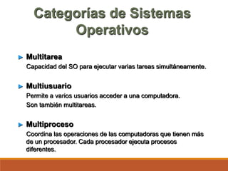 Categorías de Sistemas
Operativos
► Multitarea
Capacidad del SO para ejecutar varias tareas simultáneamente.
► Multiusuario
Permite a varios usuarios acceder a una computadora.
Son también multitareas.
► Multiproceso
Coordina las operaciones de las computadoras que tienen más
de un procesador. Cada procesador ejecuta procesos
diferentes.
 