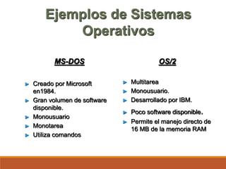 Ejemplos de Sistemas
Operativos
MS-DOS
► Creado por Microsoft
en1984.
► Gran volumen de software
disponible.
► Monousuario
► Monotarea
► Utiliza comandos
OS/2
► Multitarea
► Monousuario.
► Desarrollado por IBM.
► Poco software disponible.
► Permite el manejo directo de
16 MB de la memoria RAM
 