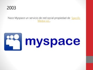 2003
Nace Myspace un servicio de red social propiedad de Specific
Media LLC.
 
