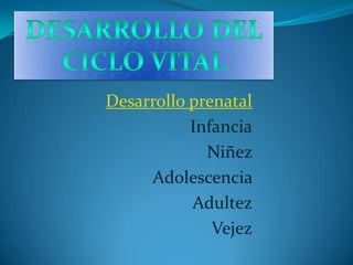 DESARROLLO DEL CICLO VITAL Desarrollo prenatal Infancia Niñez  Adolescencia  Adultez Vejez 