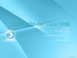 Desarrollo del Ciclo Vital UNAH-VS Psicología General Sección 1701 Catedrática: Lic. Maryln Pineda Grupo 3 4 y 5 de Octubre, 2011 