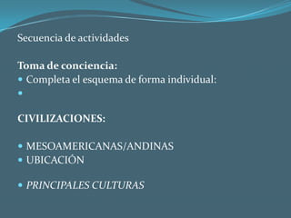 Secuencia de actividadesToma de conciencia:Completa el esquema de forma individual: CIVILIZACIONES: MESOAMERICANAS/ANDINASUBICACIÓNPRINCIPALES CULTURAS