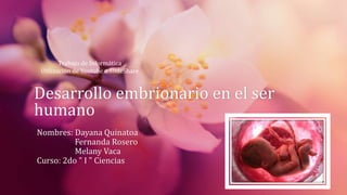 Desarrollo embrionario en el ser
humano
Nombres: Dayana Quinatoa
Fernanda Rosero
Melany Vaca
Curso: 2do " I " Ciencias
Trabajo de Informática
Utilización de Youtube o SlideShare
 