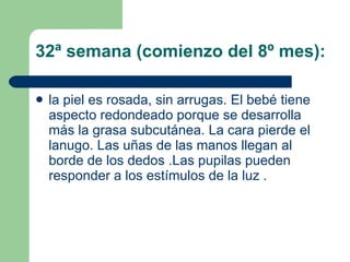 32ª semana (comienzo del 8º mes):  la piel es rosada, sin arrugas. El bebé tiene aspecto redondeado porque se desarrolla más la grasa subcutánea. La cara pierde el lanugo. Las uñas de las manos llegan al borde de los dedos .Las pupilas pueden responder a los estímulos de la luz . 