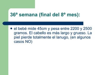 36ª semana (final del 8º mes):  el bebé mide 45cm y pesa entre 2200 y 2500 gramos. El cabello es más largo y grueso. La piel pierde totalmente el lanugo, (en algunos casos NO) 