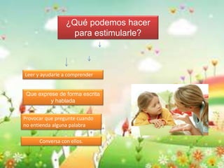 ¿Qué podemos hacer 
para estimularle? 
Leer y ayudarle a comprender 
Que exprese de forma escrita 
y hablada 
Provocar que pregunte cuando 
no entienda alguna palabra 
Conversa con ellos. 
O 
 
