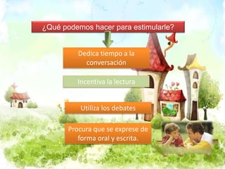 ¿Qué podemos hacer para estimularle? 
Dedica tiempo a la 
conversación 
Incentiva la lectura 
Utiliza los debates 
Procura que se exprese de 
forma oral y escrita. 
 