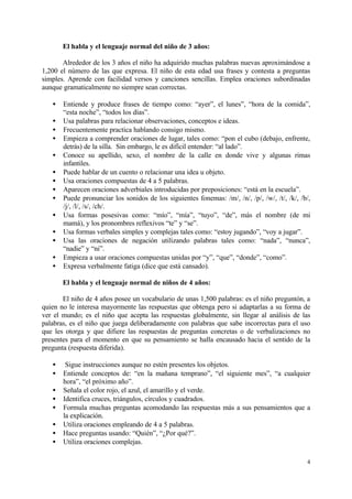 El habla y el lenguaje normal del niño de 3 años:
Alrededor de los 3 años el niño ha adquirido muchas palabras nuevas aproximándose a
1,200 el número de las que expresa. El niño de esta edad usa frases y contesta a preguntas
simples. Aprende con facilidad versos y canciones sencillas. Emplea oraciones subordinadas
aunque gramaticalmente no siempre sean correctas.
•
•
•
•
•
•
•
•
•
•
•
•
•
•

Entiende y produce frases de tiempo como: “ayer”, el lunes”, “hora de la comida”,
“esta noche”, “todos los días”.
Usa palabras para relacionar observaciones, conceptos e ideas.
Frecuentemente practica hablando consigo mismo.
Empieza a comprender oraciones de lugar, tales como: “pon el cubo (debajo, enfrente,
detrás) de la silla. Sin embargo, le es difícil entender: “al lado”.
Conoce su apellido, sexo, el nombre de la calle en donde vive y algunas rimas
infantiles.
Puede hablar de un cuento o relacionar una idea u objeto.
Usa oraciones compuestas de 4 a 5 palabras.
Aparecen oraciones adverbiales introducidas por preposiciones: “está en la escuela”.
Puede pronunciar los sonidos de los siguientes fonemas: /m/, /n/, /p/, /w/, /t/, /k/, /b/,
/j/, /l/, /s/, /ch/.
Usa formas posesivas como: “mío”, “mía”, “tuyo”, “de”, más el nombre (de mi
mamá), y los pronombres reflexivos “te” y “se”.
Usa formas verbales simples y complejas tales como: “estoy jugando”, “voy a jugar”.
Usa las oraciones de negación utilizando palabras tales como: “nada”, “nunca”,
“nadie” y “ni”.
Empieza a usar oraciones compuestas unidas por “y”, “que”, “donde”, “como”.
Expresa verbalmente fatiga (dice que está cansado).
El habla y el lenguaje normal de niños de 4 años:

El niño de 4 años posee un vocabulario de unas 1,500 palabras: es el niño preguntón, a
quien no le interesa mayormente las respuestas que obtenga pero si adaptarlas a su forma de
ver el mundo; es el niño que acepta las respuestas globalmente, sin llegar al análisis de las
palabras, es el niño que juega deliberadamente con palabras que sabe incorrectas para el uso
que les otorga y que difiere las respuestas de preguntas concretas o de verbalizaciones no
presentes para el momento en que su pensamiento se halla encausado hacia el sentido de la
pregunta (respuesta diferida).
•
•
•
•
•
•
•
•

Sigue instrucciones aunque no estén presentes los objetos.
Entiende conceptos de: “en la mañana temprano”, “el siguiente mes”, “a cualquier
hora”, “el próximo año”.
Señala el color rojo, el azul, el amarillo y el verde.
Identifica cruces, triángulos, círculos y cuadrados.
Formula muchas preguntas acomodando las respuestas más a sus pensamientos que a
la explicación.
Utiliza oraciones empleando de 4 a 5 palabras.
Hace preguntas usando: “Quién”, “¿Por qué?”.
Utiliza oraciones complejas.
4

 