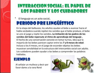 • El lenguaje es un acto social.


 En la etapa del balbuceo, los adultos ayudan al bebe a avanzar hacia el
 habla verdadera cuando repiten los sonidos que el bebe produce, el bebe
 se une al juego y repite los sonidos. La imitación de los padres de los
 sonidos del bebe repercute al ritmo de aprendizaje del lenguaje .
 El hecho de una conversación consiste en tomar turnos, idea que la
 mayoría de los bebes parecen captar entre los 7 y 8 meses de edad.
 Incluso a los 4 meses, en el juego de esconder objetos los bebes
 muestran sensibilidad en la estructura del intercambio social con adulto.
 Los cuidadores pueden ayudar a los bebes a comprender las palabras
 habladas.



Al señalar un muñeco y decir por
favor dame a la rana René
 