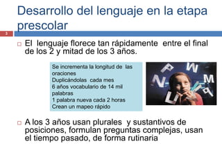 Desarrollo del lenguaje en la etapa
3
    prescolar
       El lenguaje florece tan rápidamente entre el final
        de los 2 y mitad de los 3 años.
               Se incrementa la longitud de las
               oraciones
               Duplicándolas cada mes
               6 años vocabulario de 14 mil
               palabras
               1 palabra nueva cada 2 horas
               Crean un mapeo rápido

       A los 3 años usan plurales y sustantivos de
        posiciones, formulan preguntas complejas, usan
        el tiempo pasado, de forma rutinaria
 