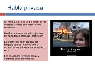 Habla privada
7



    El habla privada es un precursor de los
    diálogos internos que usamos para
    reflexionar.

    Una forma en que los niños ejercitan
    las habilidades practicas (pragmática)

    Lo pragmática es el aspecto del
    lenguaje que se relaciona con la
    comunicación eficiente y adecuada con
    otros

    Les enseña los turnos al hablar y
    centrarse en la conversación.
 