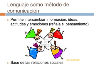Lenguaje como método de
comunicación
 Permite intercambiar información, ideas,
actitudes y emociones (refleja el pensamiento)
 Base de las relaciones sociales
es.123rf.com
 