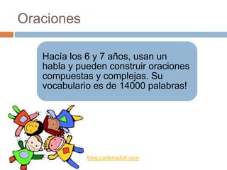 Oraciones
Hacía los 6 y 7 años, usan un
habla y pueden construir oraciones
compuestas y complejas. Su
vocabulario es de 14000 palabras!
blog.cadenadial.com
 