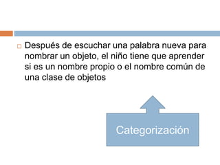  Después de escuchar una palabra nueva para
nombrar un objeto, el niño tiene que aprender
si es un nombre propio o el nombre común de
una clase de objetos
Categorización
 