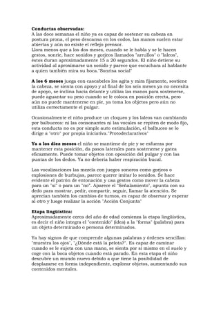 Conductas observadas:
A las doce semanas el niño ya es capaz de sostener su cabeza en
postura prona, el peso descansa en los codos, las manos suelen estar
abiertas y aún no existe el reflejo prensor.
Llora menos que a los dos meses, cuando se le habla y se le hacen
gestos, sonríe, hace sonidos y gorjeos llamados "arrullos" o "laleos",
éstos duran aproximadamente 15 a 20 segundos. El niño detiene su
actividad al aproximarse un sonido y parece que escuchara al hablante
a quien también mira su boca."Sonrisa social"
A los 6 meses juega con cascabeles los agita y mira fijamente, sostiene
la cabeza, se sienta con apoyo y al final de los seis meses ya no necesita
de apoyo, se inclina hacia delante y utiliza las manos para sostenerse,
puede aguantar su peso cuando se le coloca en posición erecta, pero
aún no puede mantenerse en pie, ya toma los objetos pero aún no
utiliza correctamente el pulgar.
Ocasionalmente el niño produce un cloqueo y los laleos van cambiando
por balbuceos: ni las consonantes ni las vocales se repiten de modo fijo,
esta conducta no es por simple auto estimulación, el balbuceo se lo
dirige a "otro" por propia iniciativa."Protodeclarativos"
Ya a los diez meses el niño se mantiene de pie y se esfuerza por
mantener esta posición, da pasos laterales para sostenerse y gatea
eficazmente. Puede tomar objetos con oposición del pulgar y con las
puntas de los dedos. Ya no debería haber respiración bucal.
Las vocalizaciones las mezcla con juegos sonoros como gorjeos o
explosiones de burbujas, parece querer imitar lo sonidos. Se hace
evidente el patrón de entonación y usa gestos como mover la cabeza
para un "sí" o para un "no”. Aparece el "Señalamiento", apunta con su
dedo para mostrar, pedir, compartir, seguir, llamar la atención. Se
aprecian también los cambios de turnos, es capaz de observar y esperar
al otro y luego realizar la acción "Acción Conjunta"
Etapa lingüística:
Aproximadamente cerca del año de edad comienza la etapa lingüística,
es decir el niño integra el "contenido" (idea) a la "forma" (palabra) para
un objeto determinado o persona determinados.
Ya hay signos de que comprende algunas palabras y órdenes sencillas:
"muestra los ojos", "¿Dónde está la pelota?". Es capaz de caminar
cuando se le sujeta con una mano, se sienta por sí mismo en el suelo y
coge con la boca objetos cuando está parado. En esta etapa el niño
descubre un mundo nuevo debido a que tiene la posibilidad de
desplazarse en forma independiente, explorar objetos, aumentando sus
contenidos mentales.
 