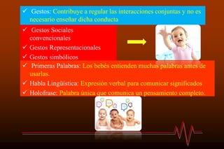  Gestos: Contribuye a regular las interacciones conjuntas y no es
necesario enseñar dicha conducta
 Gestos Sociales
convencionales
 Gestos Representacionales
 Gestos simbólicos
 Primeras Palabras: Los bebés entienden muchas palabras antes de
usarlas.
 Habla Lingüística: Expresión verbal para comunicar significados
 Holofrase: Palabra única que comunica un pensamiento completo.
 