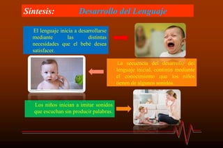 Síntesis: Desarrollo del Lenguaje
El lenguaje inicia a desarrollarse
mediante las distintas
necesidades que el bebé desea
satisfacer.
La secuencia del desarrollo del
lenguaje inicial, continúa mediante
el conocimiento que los niños
tienen de algunos sonidos.
Los niños inician a imitar sonidos
que escuchan sin producir palabras.
 