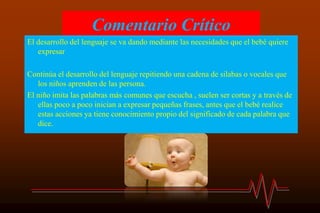 Comentario Crítico
El desarrollo del lenguaje se va dando mediante las necesidades que el bebé quiere
expresar
Continúa el desarrollo del lenguaje repitiendo una cadena de silabas o vocales que
los niños aprenden de las persona.
El niño imita las palabras más comunes que escucha , suelen ser cortas y a través de
ellas poco a poco inician a expresar pequeñas frases, antes que el bebé realice
estas acciones ya tiene conocimiento propio del significado de cada palabra que
dice.
 