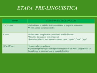 ETAPA  PRE-LINGUISTICA EDAD DESARROLLO DEL LENGUAJE 7º u  8º mes Imitación de la melodía de acentuación de la lengua de su entorno Voltea y mira hacia los sonidos 9º mes Balbuceo no reduplicativo (combinaciones bisilábicas) Principio de sucesión conversacional Reconoce palabras para objetos comunes como “zapato” ,”taza”, “jugo” 10º o 12º mes Aparecen las pre-palabras Aparece el primer signo con significante (emisión del niño) y significado (el buscado por la madre en base al parecido fonético 