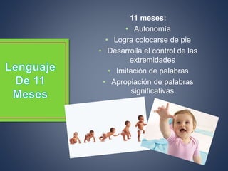 11 meses:
• Autonomía
• Logra colocarse de pie
• Desarrolla el control de las
extremidades
• Imitación de palabras
• Apropiación de palabras
significativas
 