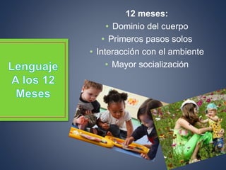 12 meses:
• Dominio del cuerpo
• Primeros pasos solos
• Interacción con el ambiente
• Mayor socialización
 