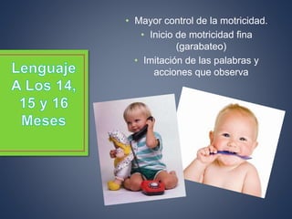 • Mayor control de la motricidad.
• Inicio de motricidad fina
(garabateo)
• Imitación de las palabras y
acciones que observa
 