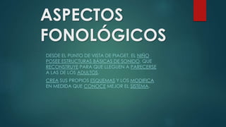 ASPECTOS 
FONOLÓGICOS 
DESDE EL PUNTO DE VISTA DE PIAGET, EL NIÑO 
POSEE ESTRUCTURAS BÁSICAS DE SONIDO, QUE 
RECONSTRUYE PARA QUE LLEGUEN A PARECERSE 
A LAS DE LOS ADULTOS. 
CREA SUS PROPIOS ESQUEMAS Y LOS MODIFICA 
EN MEDIDA QUE CONOCE MEJOR EL SISTEMA. 
 