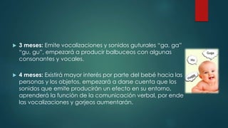 3 meses: Emite vocalizaciones y sonidos guturales “ga, ga” 
“gu, gu”, empezará a producir balbuceos con algunas 
consonantes y vocales. 
 4 meses: Existirá mayor interés por parte del bebé hacia las 
personas y los objetos, empezará a darse cuenta que los 
sonidos que emite producirán un efecto en su entorno, 
aprenderá la función de la comunicación verbal, por ende 
las vocalizaciones y gorjeos aumentarán. 
 