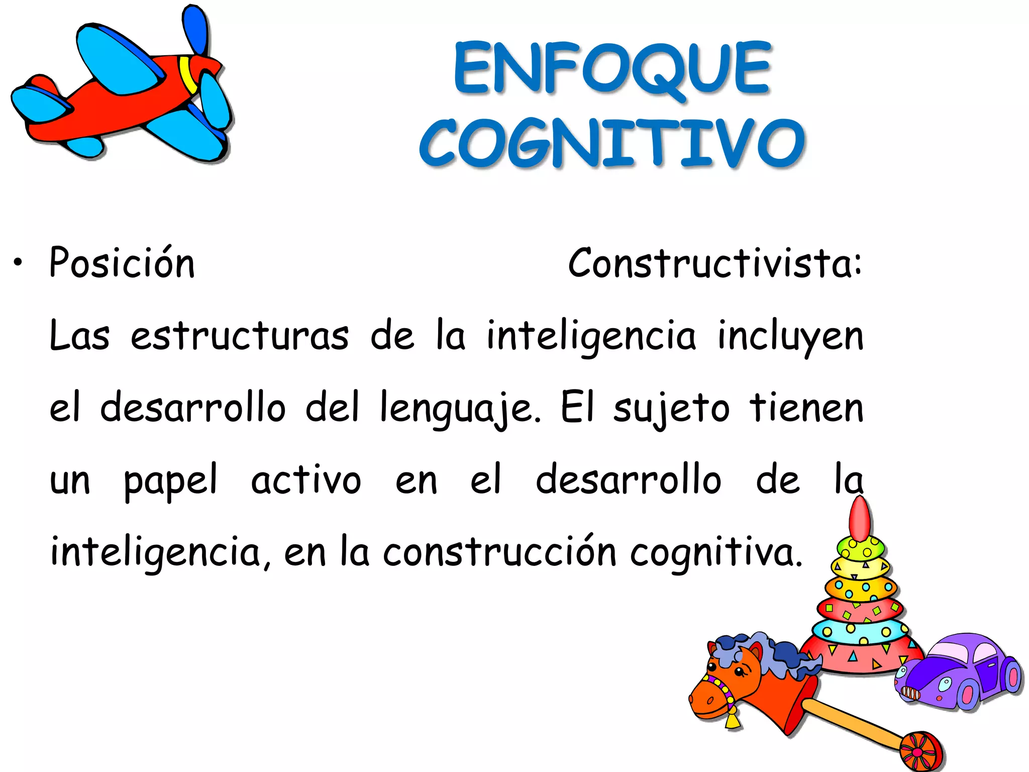 ENFOQUE
                       COGNITIVO
• Posición                     Constructivista:
  Las estructuras de la inteligencia incluyen
  el desarrollo del lenguaje. El sujeto tienen
  un papel activo en el desarrollo de la
  inteligencia, en la construcción cognitiva.
 