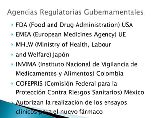 FDA (Food and Drug Administration) USA EMEA (European Medicines Agency) UE MHLW (Ministry of Health, Labour and Welfare) Japón INVIMA (Instituto Nacional de Vigilancia de Medicamentos y Alimentos) Colombia COFEPRIS (Comisión Federal para la Protección Contra Riesgos Sanitarios) México Autorizan la realización de los ensayos clínicos para el nuevo fármaco 