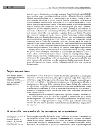 DESARROLLO COGNOSCITIVO: LAS TEORÍAS DE PIAGET Y DE VIGOTSKY




                                 después obtuvo el doctorado en ciencias naturales. Piaget continuó especializándo
                                 se en muchas áreas, entre ellas sociología, religión y filosofía. Mientras estudiaba
                                 filosofía, se sintió fascinado por la epistemología, o sea la manera en que se logra el
                                 conocimiento. Su interés lo llevó a estudiar filosofía y psicología en la Sorbona,
                                 donde conoció a Teodoro Simón, quien por entonces estaba preparando el primer
                                 test de inteligencia para niños. Simón lo convenció de que le ayudara a elaborar las
                                 normas de edad para los reactivos. Fue en este trabajo en que Piaget comenzó a
                                 explorar los procesos de razonamiento de los niños. Le intrigó el hecho de que sus
                                 respuestas se basaban en razones muy diferentes. Por ejemplo, dos podían decir
                                 que un árbol tiene vida, pero explicar su respuesta de manera distinta. Uno decía
                                 que estaba vivo porque se movía, otro que estaba vivo porque produce semillas.
                                 Mediante una serie de procedimientos, que llegaron a ser conocidos como método
                                 de entrevista clínica (capítulo 1, pp. 37-38), Piaget analizó los procesos de razona
                                 miento en que se fundan las respuestas correctas e incorrectas de los niños. La
                                 fascinación por los procesos de adquisición del conocimiento en el niño inspiraron
                                 una carrera de 60 años consagrada a investigar el desarrollo infantil. Al final de ella,
                                 Piaget había publicado más de 40 libros y 100 artículos sobre la psicología del niño.
                                    Piaget fue uno de los primeros teóricos del constructivismo en psicología. Pensa
                                 ba que los niños construyen activamente el conocimiento del ambiente usando lo
                                 que ya saben e interpretando nuevos hechos y objetos. La investigación de Piaget se
                                 centró fundamentalmente en la forma en que adquieren el conocimiento al ir desa
                                 rrollándose. En otras palabras, no le interesaba tanto lo que conoce el niño, sino
                                 cómo piensa en los problemas y en las soluciones. Estaba convencido de que el
                                 desarrollo cognoscitivo supone cambios en la capacidad del niño para razonar so
                                 bre su mundo.




Etapas cognoscitivas

Piaget dividió el desarrollo     Piaget fue un teórico de fases que dividió el desarrollo cognoscitivo en cuatro gran
cognoscitivo en cuatro etapas,
                                 des etapas: etapa sensoriomotora, etapa preoperacional, etapa de las operaciones
cada una de las cuales
                                 concretas y etapa de las operaciones formales. Sus principales características se
representa la transición a una
forma más compleja y
                                 resumen en la tabla 3.1. En cada etapa se supone que el pensamiento del niño es
abstracta de conocer.            cualitativamente distinto al de las restantes. Según Piaget, el desarrollo cognoscitivo
                                 no sólo consiste en cambios cuantitativos de los hechos y de las habilidades, sino en
                                 transformaciones radicales de cómo se organiza el conocimiento. Una vez que el
                                 niño entra en una nueva etapa, no retrocede a una forma anterior de razonamiento
                                 ni de funcionamiento.
                                    Piaget propuso que el desarrollo cognoscitivo sigue una secuencia invariable. Es
                                 decir, todos los niños pasan por las cuatro etapas en el mismo orden. No es posible
                                 omitir ninguna de ellas. Las etapas se relacionan generalmente con ciertos niveles
                                 de edad, pero el tiempo que dura una etapa muestra gran variación individual y
                                 cultural. En una sección posterior examinaremos las características cognoscitivas
                                 de cada una.




El desarrollo como cambio de las estructuras del conocimiento

Los esquemas son conjuntos de    Piaget pensaba que todos, incluso los niños, comienzan a organizar el conocimiento
acciones físicas, de             ¿e¡ mun(j0 en i0 que llamó esquemas. Los esquemas son conjuntos de acciones
operaciones menta es, e          físicas, de operaciones mentales, de conceptos o teorías con los cuales organizamos
conceptos o de teorías que             '        .   „          ,     ,      ,   _,       ,          ,,                   i
usamos para obtener              Y adquirimos información sobre el mundo. El mno de corta edad conoce su mundo
información sobre el mundo.      a través de las acciones físicas que realiza, mientras que los de mayor edad pueden
 