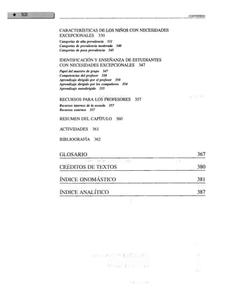 CONTENIDO




CARACTERÍSTICAS DE LOS NIÑOS CON NECESIDADES
EXCEPCIONALES               330
Categorías de alta prevalencia     331
Categorías de prevalencia moderada        340
Categorías de poca prevalencia      345


IDENTMCACION Y ENSEÑANZA DE ESTUDIANTES
CON NECESIDADES EXCEPCIONALES                          347
Papel del maestro de grupo    347
Competencias del profesor     350
Aprendizaje dirigido por el profesor      350
Aprendizaje dirigido por los compañeros         354
Aprendizaje autodirigido     355



RECURSOS PARA LOS PROFESORES                          357
Recursos internos de la escuela     357
Recursos externos   357


RESUMEN DEL CAPÍTULO                      360

ACTIVIDADES           361


BIBLIOGRAFÍA            362


GLOSARIO                                                          367


CRÉDITOS DE TEXTOS                                                380


ÍNDICE ONOMÁSTICO                                                 381


ÍNDICE ANALÍTICO                                                  387
 