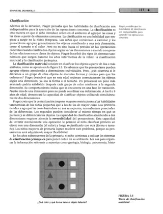 ETAPAS DEL DESARROLLO




Clasificación

Además de la seriación, Piaget pensaba que las habilidades de clasificación son          Piaget pensaba que las
                                                                                         habilidades de clasificación
indispensables para la aparición de las operaciones concretas. La clasificación es
                                                                                         son indispensables para
otra manera en que el niño introduce orden en el ambiente al agrupar las cosas y
                                                                                         aprender las operaciones
las ideas a partir de elementos comunes. La clasificación es una habilidad que em
pieza a surgir en la niñez temprana. Los niños que comienzan a caminar y los
preescolares agrupan generalmente los objetos atendiendo a una sola dimensión,
como el tamaño o el color. Pero no es sino hasta el periodo de las operaciones
concretas cuando clasifica los objetos según varias dimensiones o cuando compren
de las relaciones entre clases de objetos. Piaget describió dos tipos de sistemas taxo
nómicos que surgen durante los años intermedios de la niñez: la clasificación
matricial y la clasificación jerárquica.
  La clasificación matricial consiste en clasificar los objetos a partir de dos o más
atributos, como se aprecia en la figura 3.5. Ya sabemos que los preescolares pueden
agrupar objetos atendiendo a dimensiones individuales. Pero, ¿qué ocurriría si le
diéramos a un grupo de ellos objetos de distintas formas y colores para que los
ordenaran? Piaget descubrió que en esta edad ordenan correctamente los objetos
según una dimensión, ya sea la forma o el tamaño. Un preescolar un poco más
avanzado podría subdividir después cada grupo de color conforme a la segunda
dimensión. Su comportamiento indica que se encuentra en una fase de transición.
Percibe más de una dimensión pero no puede coordinar esa información. A los 8 o 9
años de edad, demostrará la capacidad de clasificar objetos utilizando simultánea
mente dos dimensiones.
  Piaget creía que la centralización impone mayores restricciones a las habilidades
taxonómicas de los niños pequeños que a las de los de mayor edad. Los primeros
tienden a agrupar las cosas basándose en sus semejantes; normalmente prescinden
de las diferencias. Los segundos pueden considerar al mismo tiempo en qué se
parecen y se diferencian los objetos. La capacidad de clasificarlos atendiendo a dos
dimensiones requiere además la reversibilidad del pensamiento. Esta capacidad
de invertir mentalmente una operación le permite al niño clasificar primero un
objeto con una dimensión (el color) y luego reclasificarlo con otra (forma o tama
ño). Los niños mayores de primaria logran resolver este problema, porque su pen
samiento está adquiriendo mayor flexibilidad.
  En los años subsecuentes de la primaria, el niño comienza a utilizar los sistemas
de clasificación jerárquica para poner orden en su ambiente. Los usa para organi
zar la información referente a materias como geología, biología, astronomía, histo-




                                                                                         FIGURA 3.5
                                                                                         Tarea de clasificación
                        ¿Qué color y qué forma tiene el objeto faltante?                 matricial
 