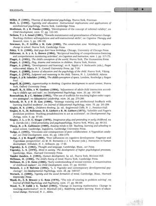 iiller, P. (1993), Theories of developmentál psychology, Nueva York, Freeman.
Molí, L. (1990), Vygotsky and education: Instructional implications and applications of
  sociohistorical psychology, Nueva York, Cambridge Press.
Moshman, D. y B. Franks (1986), "Development of the concept of inferred validity", en
  Child Development, núm. 57, pp. 153-165.
Neilans, T. y A. Israel (1981), "Ibwards maintenance and generalization of behavior change:
  Teaching children self-regulation and self-instructional skills", en Cognitive Therapy and
  Research, núm. 5, pp. 189-195.
Newman, D., P. Griffin y M. Colé (1989), The construction zone: Working for cognitive
  change in school, Nueva York, Cambridge Press.
Paley, V. G. (1988), Bad guys don't have birthdays, Chicago, University of Chicago Press.
Palincsar, A. S. y A. L. Brown (1984), "Reciprocal teaching of comprehension-fostering
  and comprehension monitoring activities", en Cognition and Instruction, núm. 1, pp. 117-175.
Piaget, J. (1951), The child's conception ofthe world, Nueva York, The Humanities Press.
Piaget, J. (1962), Play, dreams and imitation in children, Nueva York, Norton.
Piaget, J. (1964), "Development and learning", en R. Ripple y V. Rockcastle (eds.), Piaget
  rediscovered, Ithaca, N. Y, Cornell University Press, pp. 7-20.
Piaget, J. (1969), Sdence of education and the psychology ofthe child, Nueva York, Viking.
Piaget, J. (1976), Judgment and reasoning in the child, Totowa, N. J., Littlefield, Adams.
Piaget, J. y B. Inhelder (1956), The child's conception ofspace, Londres, Routledge y Kegan
   Paúl.
Rogoff, B. (1990), Apprenticeship in thinking: Cognitive development in social context, Nueva
   York, Oxford University Press.
Rogoff, B., S. Ellis, y W. Gardner (1984), "Adjustment of adult-child instruction accord-
  ing to child's age and task", en Developmentál Psychology, núm. 20, pp. 193-199.
Rosenshine, B. y C. Meister (1992), "The use of scaffolds for teaching higher-order cogni
   tive strategies", en Educational Leadership, núm. 26, pp. 275-280.
Schunk, D. S. y P. D. Cox (1986), "Strategy training and attributional feedback with
   learning disabled students", en Journal of Educational Psychology, núm. 78, pp. 201-209.
Siegler, R. S. (1991), Children's thinking, 2a. ed., Englewood Cliffs, N. J., Prentice-Hall.
Siegler, R. S., M. Robinson, D. E. Liebert y R. M. Liebert (1973), "Inhelder and Piaget's
   pendulum problem: Teaching preadolescents to act as scientists", en Developmentál Psy
   chology, núm. 9, pp. 97-101.
Siegler, J. L. y D. G. Singer (1976), Imaginative play and pretending in early childhood, en
   A. Davids (ed.), Child personality and psychopathology, Nueva York, Wiley, pp. 69-112.
Tharp, R. y R. Gallimore (1989), Rousing minds to Ufe: Teaching, learning and schooling in
   social context, Cambridge, Inglaterra, Cambridge University Press.
Tidge, J. (1993), "Processes and consequences of peer collaboration: A Vygotskian analy-
   sis", en Child Development, núm. 63, pp. 1364-1379.
Ttadge, J. y B. Rogoff (1989), "Peer influences on cognitive development: Piagetian and
   Vygotskian perspectives", en M. H. Bornstein y J. S. Bruner (eds.), Interaction in human
   development, Hillsdale, N. J., Erlbaum, pp. 17-40.
Vigotsky, L. S. (1962), Thought and language, Cambridge, Mass., mit Press.
Vigotsky, L. S. (1978), Mind in society: The development of higher psychological processes,
   Cambridge, Mass., Harvard University Press.
Vander Zanden, J. (1993), Human development, 5a. ed., Nueva York, McGraw-Hill.
Wellman, H. (1990), The child's theory ofmind, Nueva York, Cambridge Press.
Wellman, H. y D. Estes (1986), "Early understanding of mental entities: A reexamination
   of childhood realism", en Child Development, núm. 57, pp. 910-923.
Weistch, J. y P. Tulviste (1992), "L. S. Vigotsky and contemporary developmentál psy
   chology", en Developmentál Psychology, núm. 28, pp. 548-557.
Wertsch, J. (1985), Vigotsky and the social formation ofmind, Cambridge, Mass., Harvard
   University Press.
Wood, D., J. S. Bruner y G. Ross (1976), "The role of tutoring in problem solving", en
   Journal of Child Psychology and Psychiatry, núm. 17, pp. 89-100.
Wood, T., P. Cobb y E. Yackel (1992), "Change in learning mathematics: Change in
  teaching mathematics", en H. Marshall (ed.), Redefining student learning: Roots of educa
   tional change, Norwood, N. J., Ablex.
 