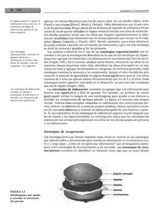 DESARROLLO COGNOSCITIVO




El repaso consiste en repetir la   aplican con menor frecuencia que los de mayor edad. En un estudio clásico, John
información una y otra vez; es     Flavell y sus colegas (Flavell, Beach y Chinsky, 1966) demostraron que 10 por cien
la primera estrategia de
                                   to de los preescolares, 60 por ciento de los alumnos de segundo de primaria y 85 por
memoria que aparece en los
niños pequeños.
                                   ciento de los de quinto utilizaban el repaso verbal al realizar una tarea de retención.
                                   Un estudio posterior reveló que los niños que repasan espontáneamente la infor
                                   mación recordaban más elementos tras un retraso planeado que los que no la repa
                                   saban (Keney, Cannizzo y Flavell, 1967). Reveló, asimismo, que a estos últimos se
                                   les podía enseñar a hacerlo con un mínimo de instrucción y que con esta estrategia
                                   su nivel de retención igualaba al de los primeros.
Las estrategias                      Los cambios evolutivos en el uso de las estrategias organizacionales nos re
organizacionales consisten en
                                   cuerdan a los que la investigación descubrió en el caso de las estrategias de repaso.
agrupar elementos o
                                   Requieren agrupar los elementos o la información en una forma más fácil de recor
información en formas más
fáciles de recordar, como las      dar (Siegler, 1991). En la escuela, adoptan varias formas: estructural las ideas en un
categorías o los esquemas.         esquema, buscar relaciones entre ellas, identificar las ideas principales en un seg
                                   mento del texto y agrupar los elementos en categorías. En términos generales, estas
                                   estrategias mejoran la memoria y la comprensión, porque el niño transforma acti
                                   vamente el material de aprendizaje en alguna forma significativa para él. Los niños
                                   menores de 6 años las aplican menos frecuentemente que los de 9 y 10 años. Estas
                                   estrategias suelen aparecer más tarde en el desarrollo, ya que son más complejas
                                   que las de repaso (Siegler, 1991).
Las estrategias de elaboración       Las estrategias de elaboración consisten en agregar algo a la información para
consisten en agregar o
                                   hacerla más significativa y fácil de guardar. Por ejemplo, un profesor de cuarto
profundizar la información a
                                   grado puede utilizar la imagen de una hamburguesa para ayudar a sus alumnos a
recordar, con el propósito de
hacerla más significativa.         recordar los componentes de un buen párrafo. La figura 4.5 muestra esta imagen
                                   mental. Veamos otros ejemplos: relacionar la información con conocimientos pre
                                   vios, traducir la información a nuestras propias palabras, ofrecer ejemplos concre
                                   tos de conceptos abstractos y resumir las ideas principales de una historia o capítu
                                   lo. El uso espontáneo de las estrategias de elaboración aparece mucho después que
                                   las de repaso y las organizacionales. La investigación indica que las estrategias de
                                   elaboración las utilizan principalmente los niños de los últimos grados de primaria
                                   y los adolescentes.



                                   Estrategias de recuperación

                                   Las investigaciones que hemos reseñado hasta ahora se centran en las estrategias
                                   que aplican niños y adolescentes para introducir información en la memoria a cor
                                   to y a largo plazo. ¿Cómo se recupera esa información? Los investigadores distin
                                   guen entre estrategias de reconocimiento y de recuerdo. Las estrategias de reco
                                   nocimiento consisten en identificar un estímulo como algo que ya antes hemos




                                                                                            Oración principal


                                                                                            Detalles


                                                                                            Detalles


                                                                                            Detalles
FIGURA 4.5
Hamburguesa que ayuda                                                                       Conclusiones

a recordar la estructura
del párrafo
 