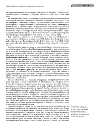 DIFERENCIAS INDIVIDUALES EN EL DESARROLLO COGNOSCITIVO




bal, razonamiento inductivo y memoria. Más tarde J. P. Guildford (1967) concluyó
que la inteligencia consta de 120 factores y diseñó una prueba para evaluar 75 de
ellos.
   En la década de los setenta, la investigación propuso que hay fundamentalmente
dos clases de inteligencia: inteligencia cristalizada e inteligencia fluida (Catell, 1971).
La inteligencia cristalizada se evalúa con instrumentos de fluidez verbal, infor
mación general, comprensión verbal y de vocabulario. En cambio, la inteligencia
fluida incluye lo siguiente: rapidez de procesamiento de la información, procesos
de memoria, habilidad para descubrir relaciones y otras habilidades del pensamien
to abstracto. Según la investigación, este tipo de inteligencia mejora hasta los pri
meros años de la adultez y luego se deteriora lentamente; en cambio, la inteligencia
cristalizada sigue mejorando hasta bien entrada la adultez (Horn, 1985).
   Sigue vigente la cuestión de si la inteligencia es una capacidad general o
un conjunto de habilidades múltiples. En 1985, Robert Sternberg ideó el mo
delo triárquico de la inteligencia. La definió como una "actividad mental
que busca adaptarse al ambiente de la vida personal, escogerlo y moldearlo"
(p. 45).
   Conforme a la teoría de Sternberg, la conducta inteligente tiene tres componen
tes fundamentales. El primero, inteligencia componencial, se basa principalmente
en la teoría del procesamiento de información. Contiene habilidades como la de
asignar recursos mentales, codificar y guardar la información, planear y vigilar,
identificar problemas y adquirir conocimientos nuevos. El segundo componente,
inteligencia experiencial, es la capacidad de afrontar nuevas situaciones en for
ma eficaz, adecuada y penetrante. Se utiliza cuando se diagnostica por qué un pro
grama de computadora no corre. El tercer componente es la inteligencia contextúa!
Es la capacidad de adaptarse al ambiente cambiante o, más importante aún, de
moldearlo para aprovechar las habilidades o destrezas personales. En la perspectiva
de Sternberg, consiste en aplicar la inteligencia a los problemas cotidianos o en lo
que él llama inteligencia práctica. Una persona inteligente es aquella que usa
eficazmente sus habilidades en un ambiente determinado. La figura 4.8 contiene lo
que para Sternberg son las habilidades principales en que se basa la conducta inte
ligente. Sin embargo, por ahora se cuenta con pocas medidas estandarizadas que
midan estos componentes.
   Otro modelo factorial es la teoría de inteligencias múltiples de Howard Gard-
ner (1983). Como se observa en la tabla 4.1, Gardner propuso que hay por lo menos
7 tipos de inteligencia. Propone además que cada uno tiene su propia forma de
percepción, de memoria y aprendizaje. Las medidas tradicionales miden la inteli
gencia lingüística, lógico-matemática y espacial. Gardner afirma que también po
seemos habilidades especiales en los dominios corporal-cinestésico, interpersonal
e intrapersonal. Por ejemplo, los bailarines y los atletas tienen gran habilidad para
mover el cuerpo en el espacio (inteligencia corporal-cinestésica); los maestros efi
cientes, las trabajadoras sociales y los psicoterapeutas penetran muy bien en los
sentimientos, los motivos y el estado de ánimo de la gente (inteligencia interperso
nal). También es posible que un individuo muestre aptitudes especiales en una o
más áreas. Los novelistas, por ejemplo, dominan el idioma a la perfección y cono
cen muy bien la naturaleza humana.
   Como se habrá dado cuenta, no hay una definición de la inteligencia que sea                Todavía no se resuelve la
                                                                                              cuestión de si la inteligencia
aceptada unánimemente. La mayoría de las pruebas actuales arrojan más de una
                                                                                              es una o varias capacidades
puntuación; de ahí la posibilidad de comparar el funcionamiento intelectual del
                                                                                              generales; pero conviene
niño en varios dominios. Esos perfiles sirven para evaluar sus fuerzas y sus debili           recordar que los alumnos
dades intelectuales. En general, las pruebas que se emplean en la escuela se cen              manifiestan su inteligencia en
tran en las habilidades lingüísticas, matemáticas y analíticas. Reflejan el tipo de           formas muy diversas.

habilidades que gozan de mucho aprecio en el mundo occidental. Los modelos
multifacéticos de la inteligencia ofrecen nuevas formas de concebir las habilidades
 
