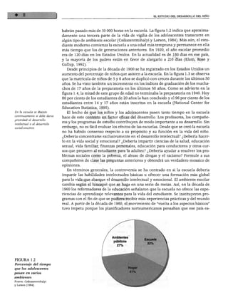 EL ESTUDIO DEL DESARROLLO DEL NIÑO




                              habrán pasado más de 10 000 horas en la escuela. La figura 1.2 indica que aproxima
                              damente una tercera parte de la vida de vigilia de los adolescentes transcurre en
                              algún tipo de ambiente escolar (Csikszentmihalyi y Larson, 1984). Más aún, el estu
                              diante moderno comienza la escuela a una edad más temprana y permanece en ella
                              más tiempo que los de generaciones anteriores. En 1920, el año escolar promedio
                              era de 120 días en los Estados Unidos. En la actualidad es de 180 días en ese país,
                              y la mayoría de los padres están en favor de alargarlo a 210 días (Elam, Rose y
                              Gallup, 1992).
                                 Desde principios de la década de 1900 se ha registrado en los Estados Unidos un
                              aumento del porcentaje de niños que asisten a la escuela. En la figura 1.3 se observa
                              que la matrícula de niños de 5 y 6 años se duplicó con creces durante los últimos 50
                              años. Se ha visto también un incremento en los índices de graduación de los mucha
                              chos de 17 años de la preparatoria en los últimos 50 años. Como se advierte en la
                              figura 1.4, la mitad de este grupo de edad no terminaba la preparatoria en 1940. Hoy
                              86 por ciento de los estudiantes de 20 años la han concluido y el 96 por ciento de los
                              estudiantes entre 14 y 17 años están inscritos en la escuela (National Center for
                              Education Statistics, 1995).
En la escuela se discute         El hecho de que los niños y los adolescentes pasen tanto tiempo en la escuela
continuamente si debe darse   hace de este contexto un factor eficaz del desarrollo. Los profesores, los compañe
prioridad al desarrollo
                              ros y los programas de estudio contribuyen de modo importante a su desarrollo. Sin
intelectual o al desarrollo
social-emotivo.
                              embargo, no es fácil evaluar los efectos de las escuelas. Desde que se creó la escuela
                              no ha habido consenso respecto a su propósito y su función en la vida del niño.
                              ¿Debería concentrarse exclusivamente en el desarrollo intelectual? ¿Debería hacer
                              lo en la vida social y emocional? ¿Debería impartir ciencias de la salud, educación
                              sexual, vida familiar, finanzas personales, educación para conductores y otros cur
                              sos que preparen al estudiante para la adultez? ¿Debería ayudar a resolver los pro
                              blemas sociales como la pobreza, el abuso de drogas y el racismo? Formule a sus
                              compañeros de clase las preguntas anteriores y obtendrá un verdadero mosaico de
                              opiniones.
                                 En términos generales, la controversia se ha centrado en si la escuela debería
                              impartir las habilidades intelectuales básicas u ofrecer una formación más global
                              para la vida que abarque el desarrollo intelectual y emocional. El ambiente escolar
                              cambia según el hincapié que se haga en una serie de metas. Así, en la década de
                              1960 los reformadores de la educación señalaron que la escuela no ofrece las expe
                              riencias de aprendizaje relevantes para la vida del estudiante. Se instituyeron pro
                              gramas con el fin de que se pudiera recibir más experiencias prácticas y del mundo
                              real. A partir de la década de 1980, el movimiento de "vuelta a los aspectos básicos"
                              tuvo ímpetu porque los planificadores norteamericanos pensaban que ese país es-




                                                             Ambientes
                                                             públicos
                                                               27%




FIGURA 1.2
Porcentaje del tiempo
que los adolescentes
pasan en varios
ambientes
Fuente: Csikszentmihalyi
y Larson (1984).
 