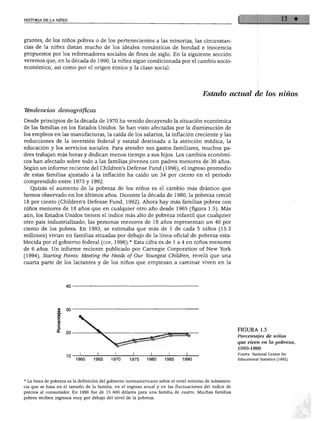 HISTORIA DE LA NIÑEZ




grantes, de los niños pobres o de los pertenecientes a las minorías, las circunstan
cias de la niñez distan mucho de los ideales románticos de bondad e inocencia
propuestos por los reformadores sociales de fines de siglo. En la siguiente sección
veremos que, en la década de 1990, la niñez sigue condicionada por el cambio socio
económico, así como por el origen étnico y la clase social.




                                                                                        Estado actual de los niños

Ttndencias demográficas

Desde principios de la década de 1970 ha venido decayendo la situación económica
de las familias en los Estados Unidos. Se han visto afectadas por la disminución de
los empleos en las manufacturas, la caída de los salarios, la inflación creciente y las
reducciones de la inversión federal y estatal destinada a la atención médica, la
educación y los servicios sociales. Para atender sus gastos familiares, muchos pa
dres trabajan más horas y dedican menos tiempo a sus hijos. Los cambios económi
cos han afectado sobre todo a las familias jóvenes con padres menores de 30 años.
Según un informe reciente del Children's Defense Fund (1996), el ingreso promedio
de estas familias ajustado a la inflación ha caído un 34 por ciento en el periodo
comprendido entre 1973 y 1992.
  Quizás el aumento de la pobreza de los niños es el cambio más drástico que
hemos observado en los últimos años. Durante la década de 1980, la pobreza creció
18 por ciento (Children's Defense Fund, 1992). Ahora hay más familias pobres con
niños menores de 18 años que en cualquier otro año desde 1965 (figura 1.5). Más
aún, los Estados Unidos tienen el índice más alto de pobreza infantil que cualquier
otro país industrializado; las personas menores de 18 años representan un 40 por
ciento de los pobres. En 1993, se estimaba que más de 1 de cada 5 niños (15.3
millones) vivían en familias situadas por debajo de la línea oficial de pobreza esta
blecida por el gobierno federal (cdf, 1996).* Esta cifra es de 1 a 4 en niños menores
de 6 años. Un informe reciente publicado por Carnegie Corporation of New York
(1994), Starting Points: Meeting the Needs of Our Youngest Children, reveló que una
cuarta parte de los lactantes y de los niños que empiezan a caminar viven en la




                                                                                                        FIGURA 1.5
                                                                                                        Porcentajes de niños
                                                                                                        que viven en la pobreza,
                                                                                                        1960-1990
                                                                                                        Fuente: National Center for
                         1960     1965    1970     1975     1980     1985    1990                       Educational Statistics (1992).




* La línea de pobreza es la definición del gobierno norteamericano sobre el nivel mínimo de subsisten
cia que se basa en el tamaño de la familia, en el ingreso anual y en las fluctuaciones del índice de
precios al consumidor. En 1996 fue de 15 600 dólares para una familia de cuatro. Muchas familias
pobres reciben ingresos muy por debajo del nivel de la pobreza.
 