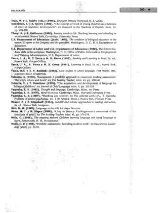 "léale, W. y E. Sulzby (eds.) (1986), Emergent literacy, Norwood, N. J., Ablex.
lempleton, S. y E. Spivey (1980), "The concept of word in young children as a function
   of level of cognitive development", en Research in the Teaching of English, núm. 14,
  pp. 265-278.
Tharp, R. y R. Gallimore (1988), Rousing minds to Ufe: Teaching leaming and schooling in
  social context, Nueva York, Cambridge University Press.
U.S. Department of Education (junio, 1991), The condition ofbüinguál education in the
  nation: A report to the Congress and the president, Washington, D. C, U. S. Department of
   Education.
U.S. Department of Labor and U.S. Department of Education (1988), The bottom Une:
  Basic skills in the workplace, Washington, D. C, Office of Public Information, Employment
  and Training Administration, U. S. Department of Labor.
Vacca, J. A., R. T. Vacca y M. K. Grove (1995), Reading and Leaming to Read, 2a. ed.,
  Nueva York, HarperCollins.
Vacca, J. A., R. Vacca y M. K. Grove (1991), Leaming to Read, 2a. ed., Nueva York,
  HarperCollins.
Vacca, R.T. y T. V. Rasinski (1992), Case studies in whole language, Fort Worth, Tex.,
  Harcourt Brace Jovanovich.
Valencia, S. (1990), "Assessment: A portfolio approach to classroom reading assessment:
  The whys, whats and hows", en The Reading Teacher, núm. 44, pp. 338-340.
Volterra, V. y T. Taeschner (1978), "The acquisition and development of language by
  bilingual children", en Journal ofChild Language, núm. 5, pp. 311-326.
Vygotsky, L. S. (1962), Thought and language, Cambridge, Mass., mit Press.
Vygotsky, L. S. (1978), Mind in society, Cambridge, Mass., Harvard University Press.
Vygotsky, L. S. (1987), "Thinking and speech", en The collected works of L. S. Vygotsky,
  Problems of general psychology, vol. 1 (N. Minick, Trans.), Nueva York, Plenum Press.
Weaver, P. y F. Schonhoff (1984), Subskül and holistic appmaches to reading instruction,
  3a. ed., Nueva York, Longman.
Weir, R. H. (1962), Language in the crib, La Haya, Mouton.
Weiss, M. J. y R. Hagen (1988), "A key to literacy: Kindergartener's awareness of the
  functions of print", en The Reading Teacher, núm. 41, pp. 574-578.
Wells, G. (1986), The meaning makers: Children leaming language and using language to
  learn, Portsmouth, N. H., Heinemann.
Wolfe, D. P. (1989), "Portfolio assessment: Sampling student work", en Educational Leader-
  ship (abril), pp. 35-39.
 